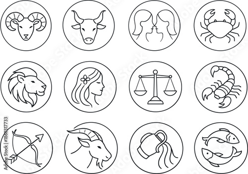 Set of minimalist zodiac sign icons in circular frames