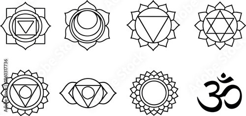 Collection of spiritual chakra symbols and Om sign