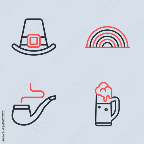 Set line Rainbow, Smoking pipe, Glass of beer and Leprechaun hat icon. Vector