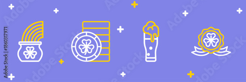 Set line Medal with clover, Glass of beer, Golden leprechaun coin and Pot gold rainbow icon. Vector