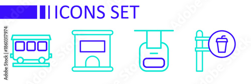 Set line Cafe and restaurant location, Cable car, Ticket office to buy tickets and Passenger train cars icon. Vector
