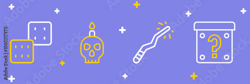 Set line Mystery box, Magic wand, Burning candle on skull and Game dice icon. Vector