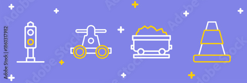 Set line Traffic cone, Coal train wagon, Handcar transportation and Train traffic light icon. Vector