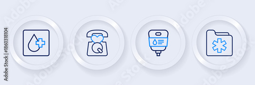 Set line Medical health record folder, IV bag, Emergency call 911 and Blood test icon. Vector