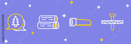 Set line Metallic nail, Hand saw, Wooden log and Tree icon. Vector