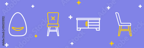 Set line Chair, TV table stand, and Pouf icon. Vector