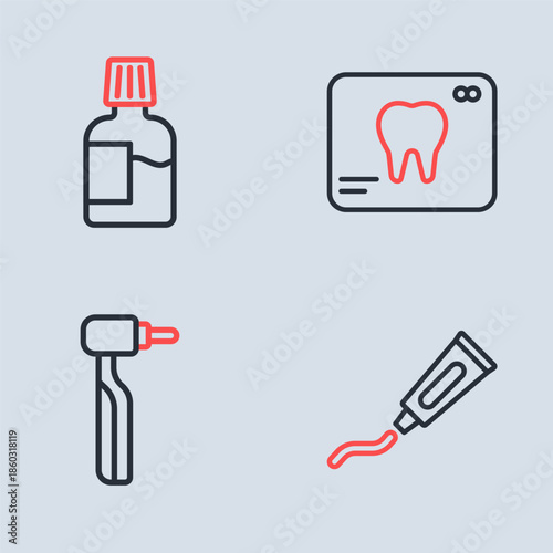 Set line X-ray of tooth, Tooth drill, Tube toothpaste and Mouthwash icon. Vector