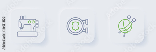 Set line Yarn ball with knitting needles, Leather and Sewing machine icon. Vector