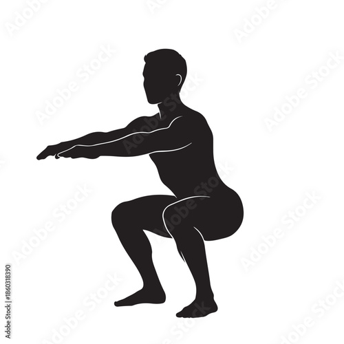 Black silhouette of a man doing a squat exercise