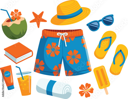 Summer beach accessory set, tropical vacation illustration, playful seasonal items pack, swimwear and drinks vector design, sunny holiday essentials for travel graphics