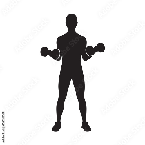 Black silhouette of a man lifting dumbbells weights
