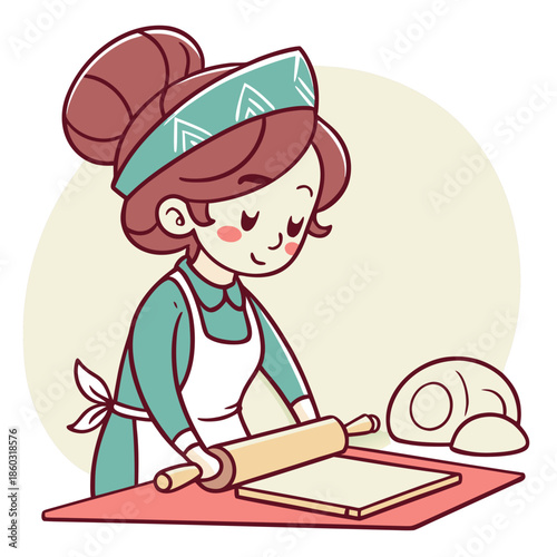 Baker woman rolling dough in kitchen