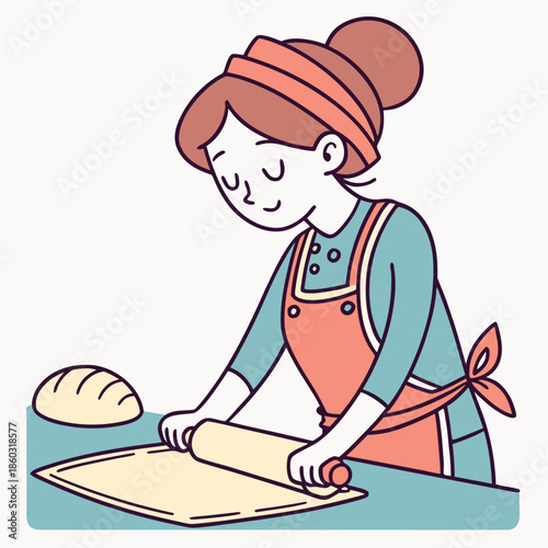 Baker woman rolling dough in kitchen with bread