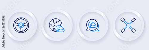 Set line Wheel wrench, Racing helmet, and steering wheel icon. Vector