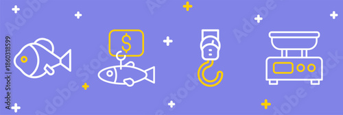 Set line Electronic scales, Spring, Price tag for fish and Fish icon. Vector