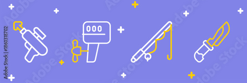Set line Knife, Fishing rod, Outboard boat motor and harpoon icon. Vector