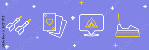 Set line Bumper car, Circus tent, Playing cards and Dart arrow icon. Vector