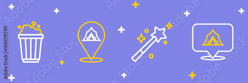 Set line Circus tent, Magic wand, and Popcorn in cardboard box icon. Vector