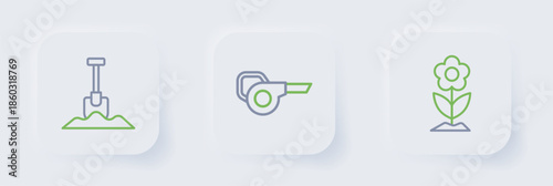 Set line Flower, Leaf garden blower and Shovel icon. Vector