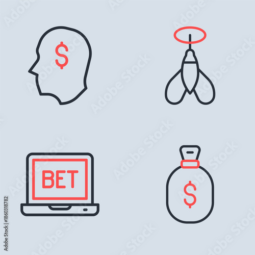 Set line Dart arrow, Online sports betting, Money bag and Lucky player icon. Vector
