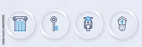 Set line Pope, Scooter, Old key and Ancient column icon. Vector