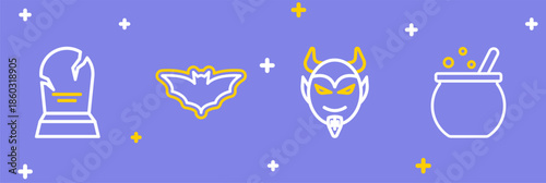 Set line Halloween witch cauldron, Devil head, Flying bat and Tombstone with RIP written icon. Vector