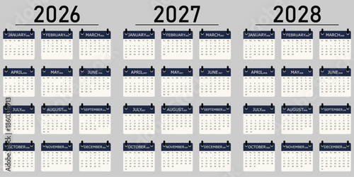 New Year calendar concept with hand and desk flip calendar. 2026, 2027, 2028 Wall Dayplanner EU, Monday First Day of Week. Wall Calendar 2026 to 2028. 2026 2027 2028 Wall Calendar Design Template icon