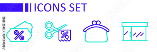 Set line Market store, Wallet, Scissors cuts discount coupon and Discount percent tag icon. Vector