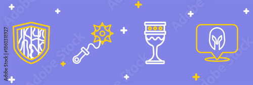Set line Medieval helmet, goblet, Mace with spikes and Shield icon. Vector