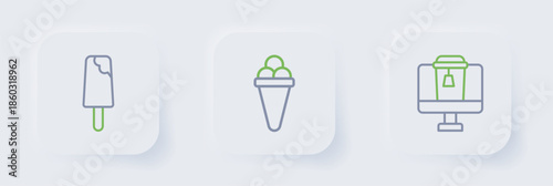Set line Online ordering food, Ice cream waffle and icon. Vector