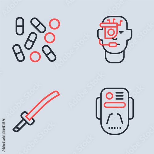 Set line Smart glasses on spectacles, Katana, Artificial intelligence robot and Medical pill biohacking icon. Vector