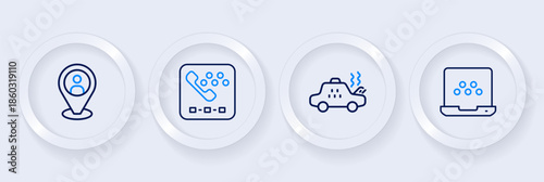 Set line Taxi mobile app, Broken taxi car, call telephone service and client icon. Vector