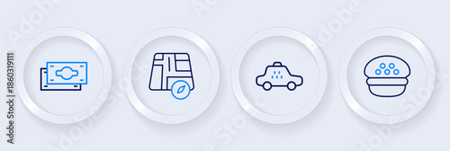 Set line Taxi driver cap, car, Location taxi and Stacks paper money cash icon. Vector