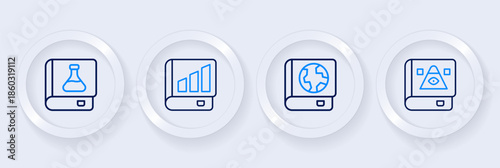 Set line Ancient magic book, Earth globe and, Financial and Chemistry icon. Vector