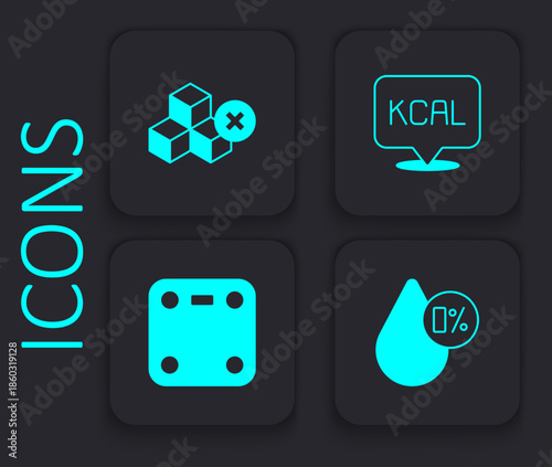 Set Water balance, No sugar free, Kcal and Bathroom scales icon. Black square button. Vector