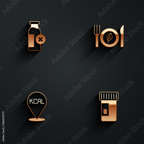 Set Lactose intolerance, Vegan food diet, Kcal and Vitamins icon with long shadow. Vector