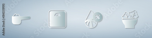Set Sports nutrition proteine, Bathroom scales, Palm oil free and Salad bowl. Paper art style. Vector