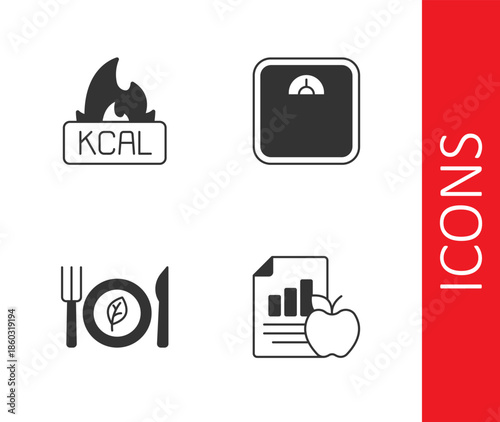 Set Diet plan, Kcal, Vegan food diet and Bathroom scales icon. Vector