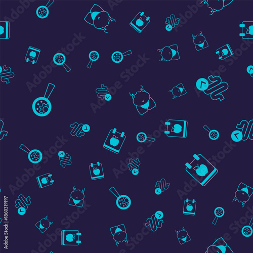 Set GMO, Intestines, Obesity and Diet plan on seamless pattern. Vector