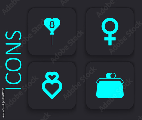 Set Handbag, Balloons with 8 March, Female gender symbol and Heart icon. Black square button. Vector