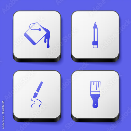 Set Paint bucket, Pencil with eraser, brush and icon. White square button. Vector