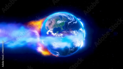 Burning Earth Meteor Racing Through Space With Fiery Plasma Trail and Explosive Atmospheric Impact on a Dark Cosmic Horizon