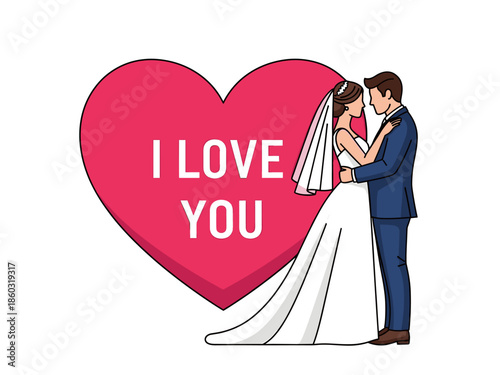 Romantic Couple Embracing with I Love You Heart