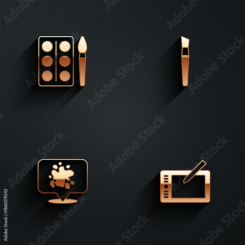 Set Watercolor paints in box, Paint brush, spray and Graphic tablet icon with long shadow. Vector