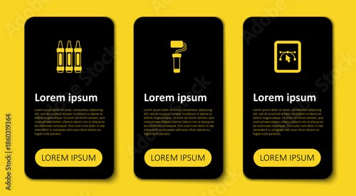 Set Computer with design program, Paint roller brush and Wax crayons for drawing. Business infographic template. Vector