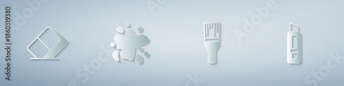 Set Eraser or rubber, Paint spray, brush and Stationery knife. Paper art style. Vector