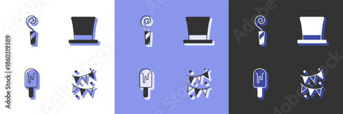 Set Carnival garland with flags, Birthday party horn, Ice cream and Cylinder hat icon. Vector