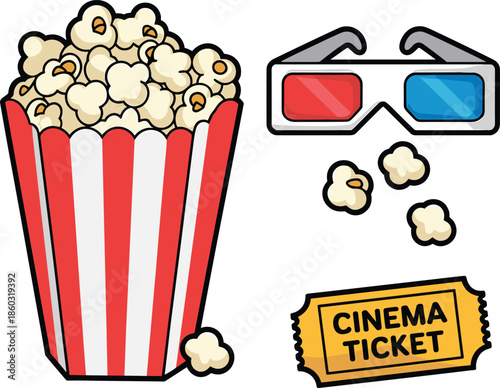 Cartoon popcorn bucket, 3D glasses, cinema ticket illustration, movie night snack combo for entertainment, leisure, film screening, theater, and creative design