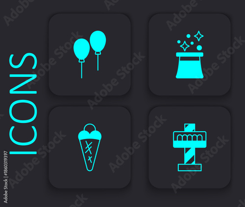 Set Attraction carousel, Balloons with ribbon, Magician hat and Ice cream in waffle icon. Black square button. Vector