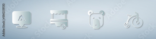 Set Circus tent, Fast street food cart, Bear head and Vintage bicycle. Paper art style. Vector